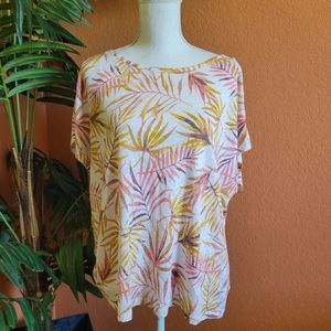 NWT Sigrid Olsen Linen Tropical Print Top Short Button Sleeves Pink Yellow XL